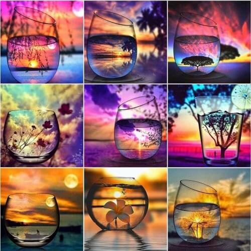 AZQSD Diamond Art Painting Kits Sunset Cup Full Square Drill Diamond Mosaic Landscape Cross Stitch Home Decor Handmade Craft