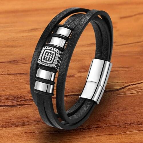 Trendy Woven Charm Stainless Steel Magnetic Rope Layered Black Genuine Leather Bracelet For Men Unisex Hand Accessories Jewelry