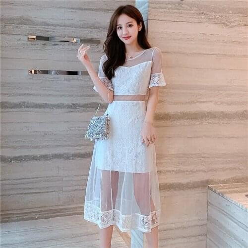 Black White Dress New Summer Korean Mesh Stitching Short-sleeved Dress Round Neck Flared Sleeves High-waisted Mid-length Dress