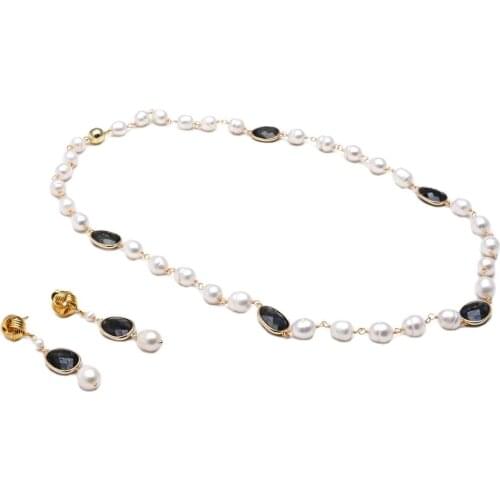 GG Jewelry Natural White Rice Freshwater Pearl Rosary Chain Labradorite Bezel Set Sweater chain Necklace Earrings Sets For Women