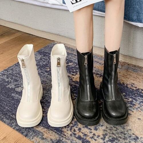 Ins British front zipper boots women round toe creepers chunky heels chelsea booties mid-calf knight riding botas de mujer 2021
