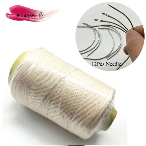 12Pcs/Bag C Shape Curved Needles And 1 Black Roll Cotton Thread Wig Making Crochet Braids Ventilating Hair Weaving Needle
