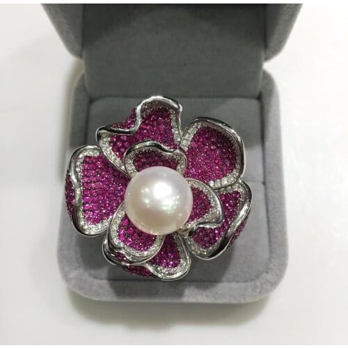 Natural fresh water pearl ring 925 sterling silver flower pave stone big flower cute romantic fine jewelry adjustable size