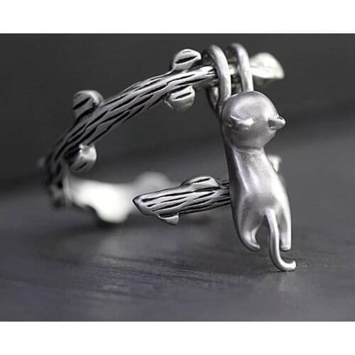 Fashion Design Kitten Climbing Tree Branch Ring Lady Cute Cat Opening Ring Sweet Adjustable Jewelry Girl Birthday Gift