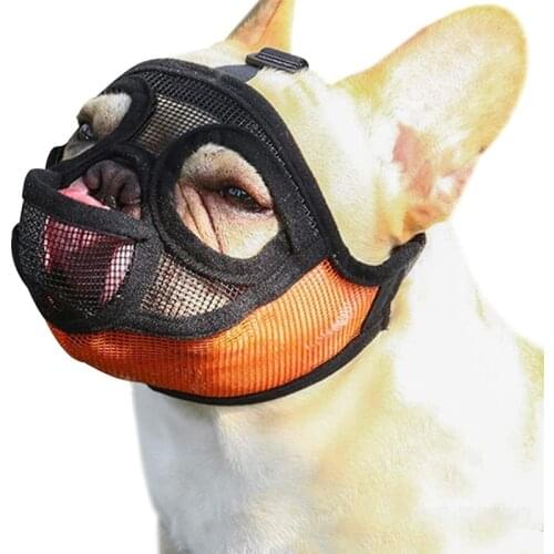 Short Snout Dog Muzzle - Adjustable Breathable Mesh Bulldog Muzzle with Tongue Out Design for Barking Biting Chewing Training