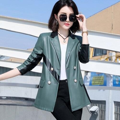 Fashion Double Breasted Leather Coat Womens 2021 Spring And Autumn New High-End Temperament Casual PU Leather Suit Jacket M145