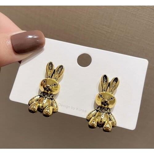 LOVOACC Cute Metallic Rabbit Drop Earrings for Women Girl Gold Color Alloy Animal Statement Dangle Earrings Korean Japan Jewelry