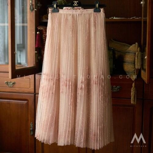 Flashing Silk Embroidery Mesh Pleated Mid-length Skirt Female 2021 Spring And Summer Womens Clothing New