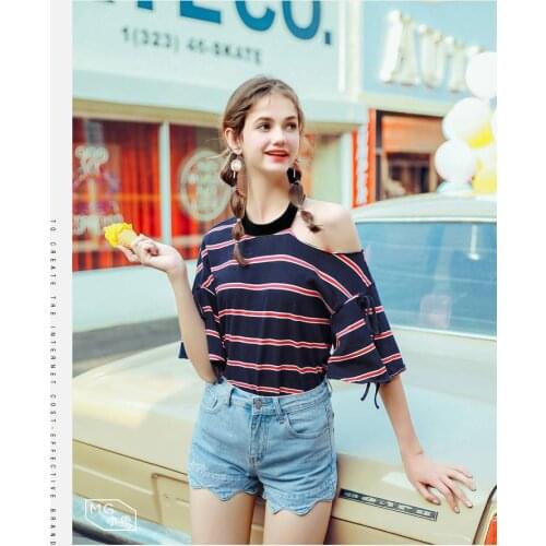 Fashion Logo Printing T Shirts Womens Blue Short Sleeve Fashion 100% cotton Female T-Shirts