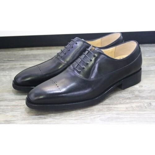 Mens Formal Leather Shoes Hand Dyed Oxford Shoes Bridegroom Wedding Shoes Male Retro Suit Shoes Rubber Sole Black 44