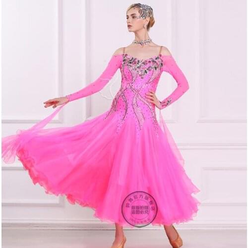 Customize pink embroidery adult Ballroom Fox trot Quick step tango Modern tango Waltz competition Dance Stage Dance Dress
