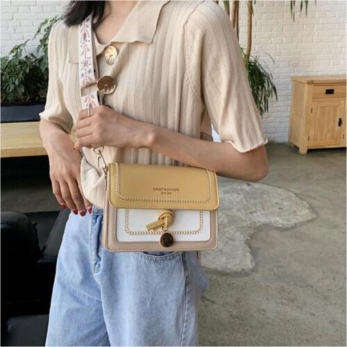 New Contrast Color Leather Suede Square Shoulder Bags With Nylon Flower Wide Strap Leather Messenger Handbags Sweet Fashion