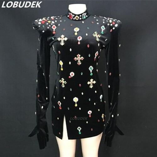 Bar Leading Dancer Groups Sexy Stage Costume Black Velvet Multi-color Rhinestones Mini Short Dress Birthday Prom Party Outfit
