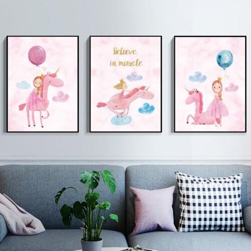 Princess and Unicorn Canvas Poster Baby Girl Nursery Quotes Wall Art Print Painting Nordic Kids Room Decoration Picture
