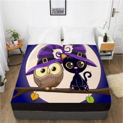 3D Printed Cartoon Halloween Owl And Cat Fitted sheet With Elastic Band solid Bed Sheet Cover-Wrinkle Abrasion Resistant Sheets