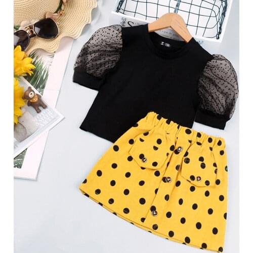 Girls Puff Sleeve Shirt and Skirt Clothing Sets Summer Child Baby Kids Casual Solid Short Sleeve Tops + Polka Dot Short Skirt