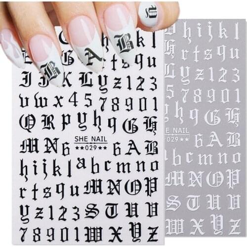 Black White 3D Letter Nail Sticker English Words Alphabet Number Self Adhesive Decal Slider Nail Art Manicures Decoration Tool