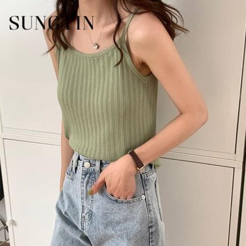 Sungtin Summer Thin Sexy Solid Knitted Tanks Tops Women Korean Fashion Slim Green Camis 4 Colors Spaghetti Strap Tank Tops Sweet