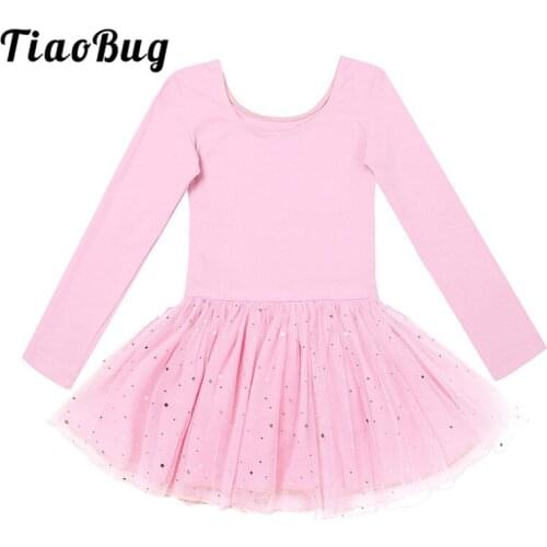 TiaoBug Girls Shiny Mesh Professional Ballet Tutu Dress Kids Stage Dance Costumes Ballet Leotards Long Sleeve Gymnastics Leotard
