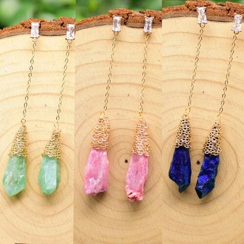 Handmade Water Drop Irregular Dark Blue Green Pink Crystal Rough Long Tassel Drop Earrings for Women Wedding Party Gifts Jewelry