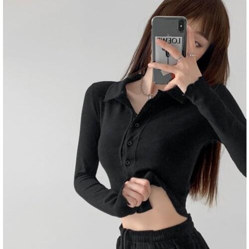 WOMENGAGA Solid Color Wave Edge Long Sleeve T-shirt For Women Lapel Thin Open Navel Single Breasted Cardigan Shirt Tops New 5I3Q