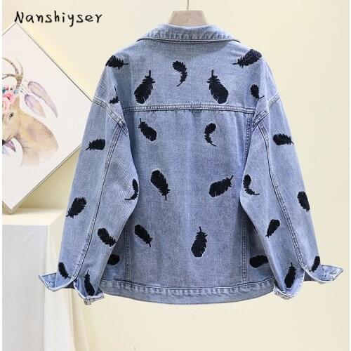 Embroidered Feathers Denim Jacket Women 2021 Autumn Bomber Jacket Coat Female Chic Women Outwear Veste Femme Ropa De Mujer