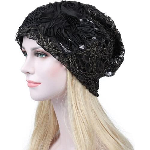 Womens Stylish Lace Flower Hat Soft Slouchy Baggy Beanie Breathable Light Turban Cap Black Grey