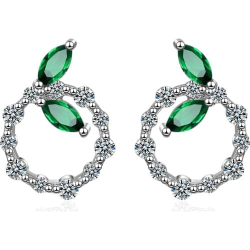 ANENJERY 925 Sterling Silver Newest Earrings Zircon Green Leaves Round Earrings For Women S-E715