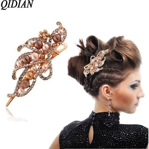 QIDIAN Korean Version Fashion Shining Rhinestone Hair Clips Rose Flowers Duck Mouth Clips Party Wedding Hair Jewelry for Women