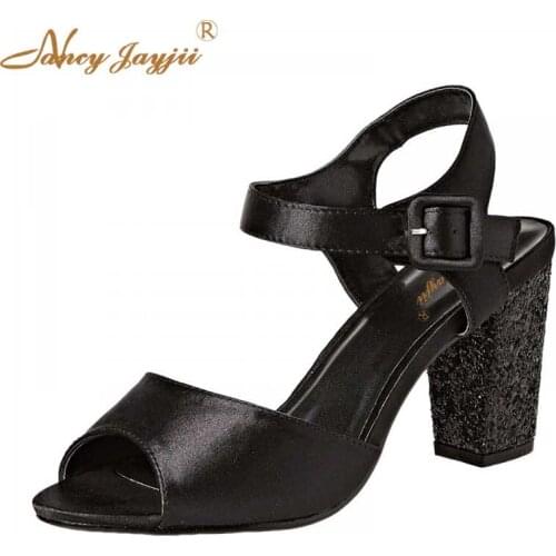 Glitter Chunky Heel Sandals Black Satin Upper Ankle Buckle Strap Round Toe Peep Toe Sexy Party Women Shoes Plus Size NANCYJAYJII
