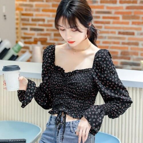 Shirring Puff Sleeve Long Polka Dot Short Women Blouse Korean Fashion 2021 V-Neck Shirt Woman Clothes Autumn Top Chemisier Femme