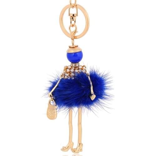 Trendy fluffy fur keychains key chain ring gold-color blue fur keyrings fur bag charm women bag accessories jewelry
