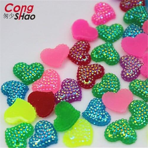 Cong Shao 200Pcs 11*13.7mm Mixed Colour Hear Resin Rhinestone Flatback Beads Strass Crystal Stones For Clothes Decoration CS43B