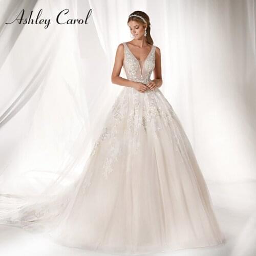 Ashley Carol A-Line Wedding Dress 2021 Sexy V-neckline Backless Beaded Appliques Bride Dress Romantic Princess Bridal Gowns