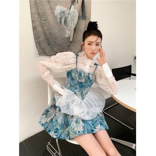 Teens 2 Pieces Set 2021 Summer Sweet Clothes Long Sleeve Lace Blouse + Suspender Gauze Tutu Dresses Graduation Teenager Costume