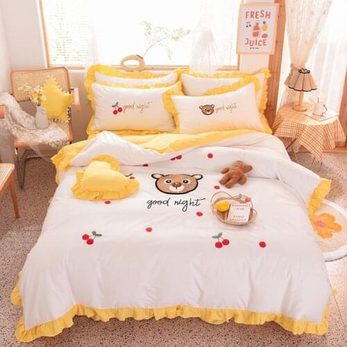 Cartoon Bear Rabbit Towel Embroidery 100% Cotton Bedding Set Double Duvet Cover Bed Linen Bed Skirt Pillowcases Gift For Child
