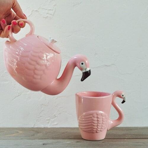 Creative Pink Flamingo Ins Girl Heart Cup Modeling Ceramic Pot Afternoon Tea Coffee Set Personality Gifts