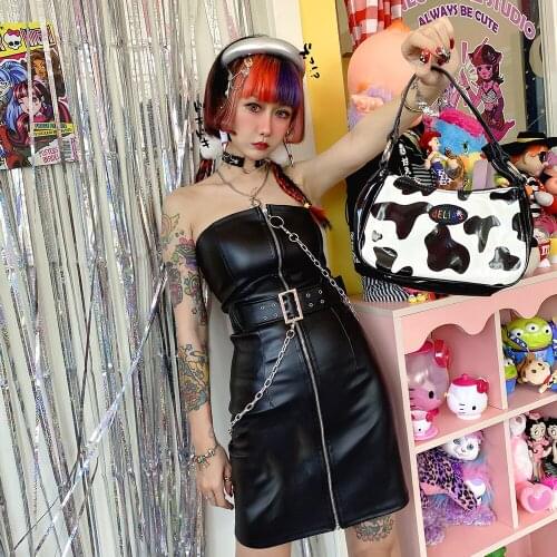 Summer Sexy Dress Fashion Cute Slim Slash Neck Dresses Harajuku Hot Girl Sleeveless Pu Leather Zipper Wrap Breast Dress