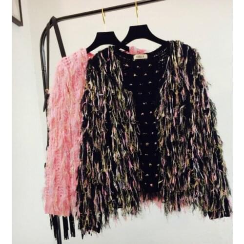 Sweet Knitted Cardigan Rainbow Color Tassels Hollow Sweater Coat V-Neck Long Sleeved Loose Jacket Fringed Tops