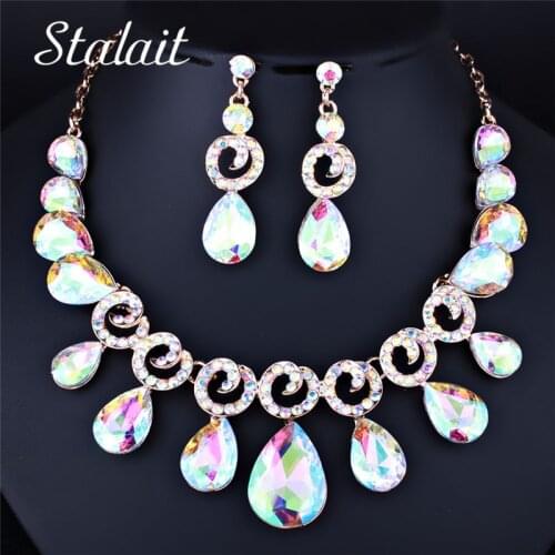 Fashion AB Color Water Drop Crystal Glass Necklace Earrings Bridal Jewelry Chic Shape Rhinestone Jewelry Set