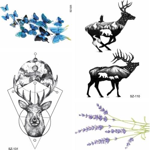 Reindeer Elk Small Temporary Tattoo Women Body Arm Tattoo Stickers Men Wrist Geometric Chain Deer Waterprof Lavender Tatoos