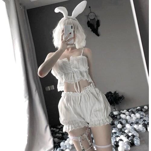 Japanese Lingerie Vintage Palace Cotton Pajamas Set for Women Sexy Sleepwear Lace Crop Tube Top Shorts Set with Strappy Buttons