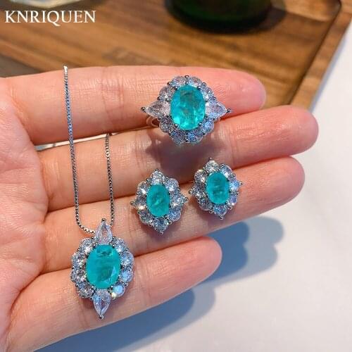 Luxury Paraiba Tourmaline Gemstone Earrings/Ring/Necklace 925 Sterling Silver Wedding Engagement Fine Jewelry Set Gift For Women