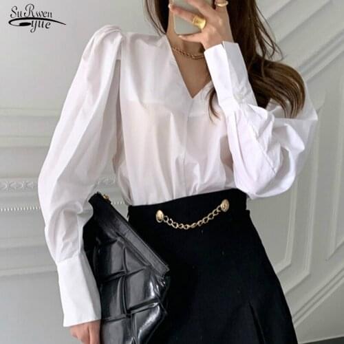 Korean Chic Shirt Women Fashion New V-neck Solid White Blouse Office Lady Shirt Cotton Plus Size Loose Tops Blusas Blouses 12870