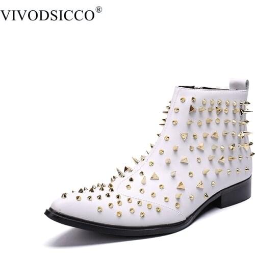 VIVODSICCO New England Style Boots White Punk Motorcycle Boots For Men Genuine Leather Rivets Zipper Warm Snow Boot Dropship