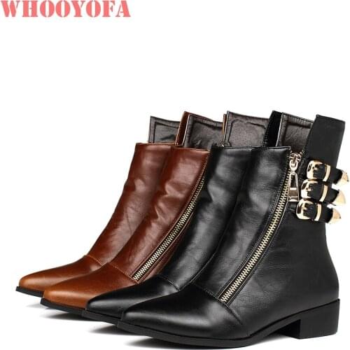 Brand New Buckle Brown Black Women Ankle Boots Sexy Pointed Toe Low Square Heels Lady Shoes WH318 Plus Big Size 10 43 45