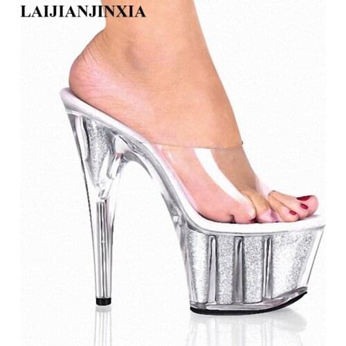 LAIJIANJINXIA Stylish 15CM High Heel Platforms Slippers Women Sexy Crystal Shoes 6 Inch Glitter Heels Clubbing Slides Shoes