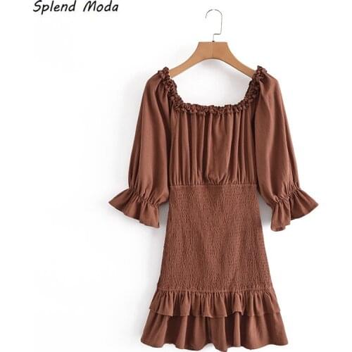 Splend Moda 2021 Summer Slash Neck Double-Layer Ruffle Women Edible Tree Fungus Dress Solid Color Pullover Vestido Casual