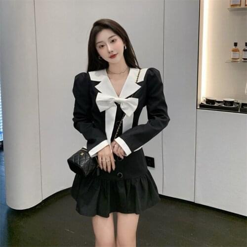 Korean Mini Dress Autumn New French Small Fragrance Lapel Long Sleeve Bow Black Women Suits Dress Vestidos De Fiesta