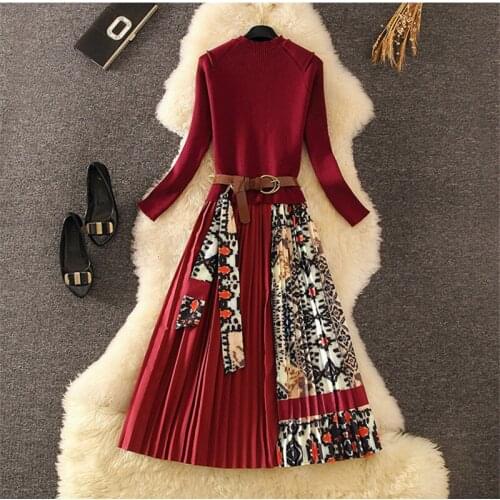 High Quality Designer Women Winter Dress Long Sleeve Fashion Knitting Patchwork Sweater Dress Vintage Print Midi Pleated Dress